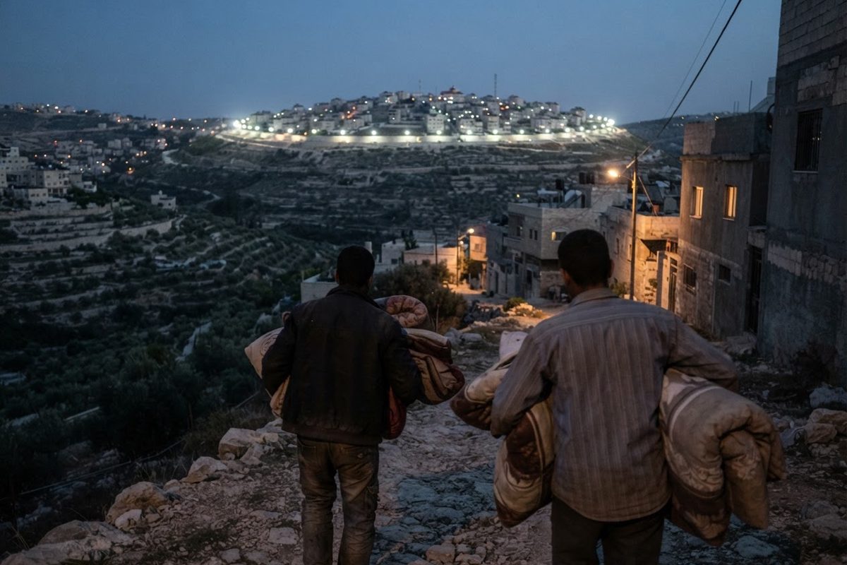 Late-evening street view of a hillside town in the occupied West Bank, olive terraces below and a floodlit hilltop settlement above, two part-cropped figures.
