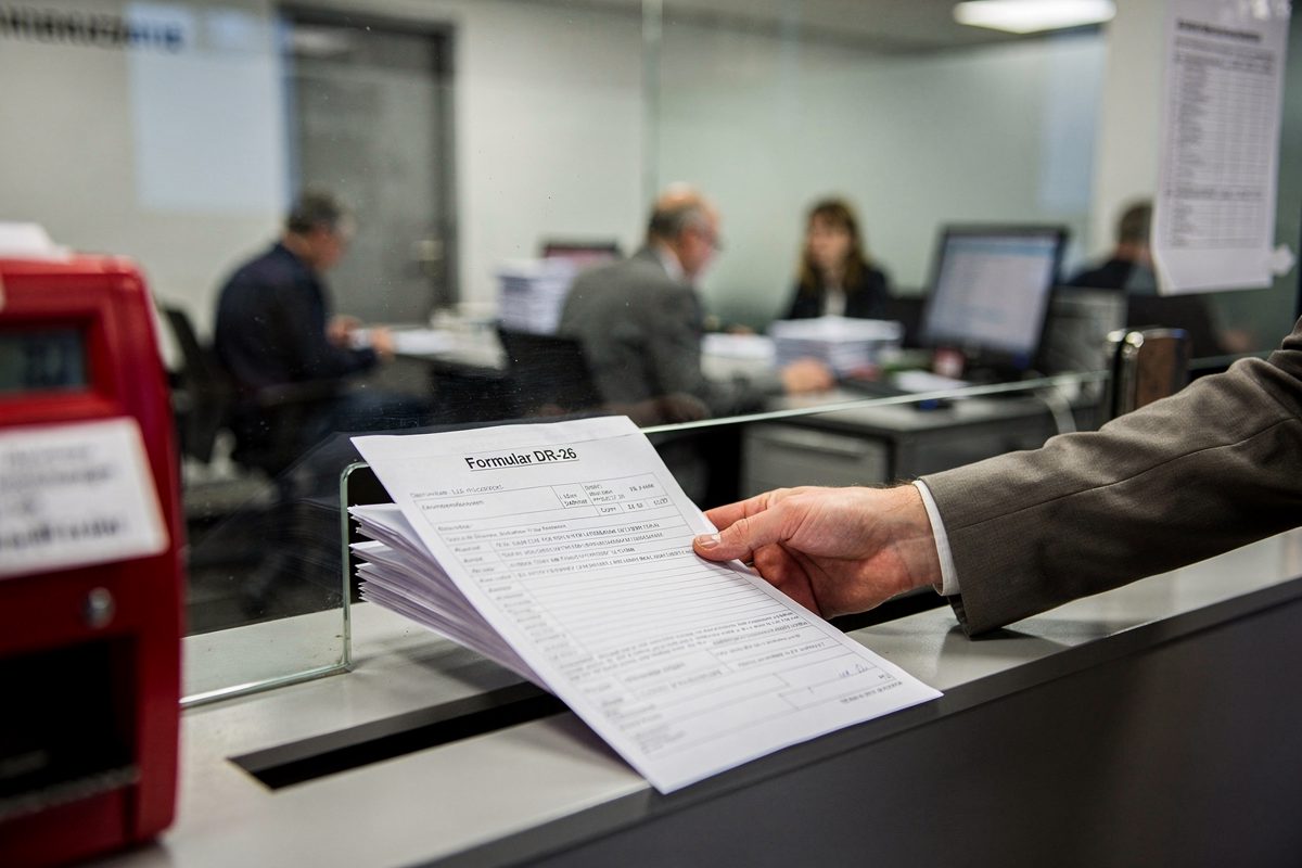 Mid-morning fluorescent light in a German federal office, a courier's arm sliding a thick carbon-copy document headed "Formular DR-26" through the slot of a.