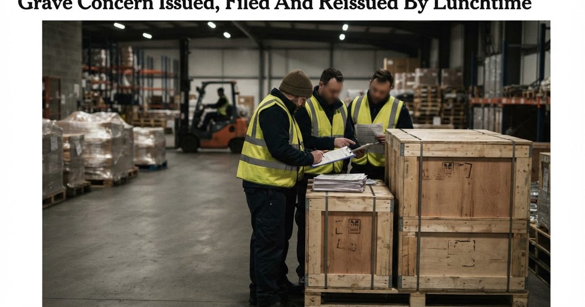 Documentary news photograph inside a generic international cargo handling facility, with sealed unmarked freight crates on pallets, customs staff in.