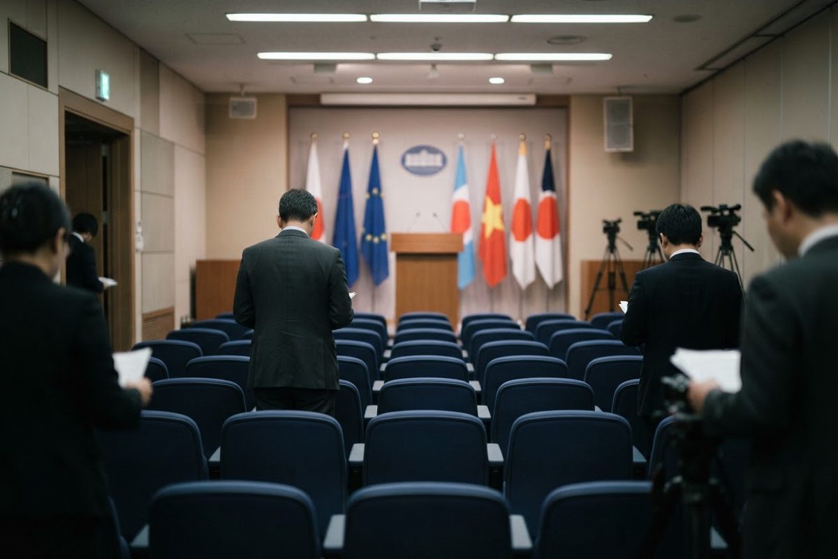 Wide news photograph of an empty diplomatic press briefing room before a statement, rows of chairs facing a plain lectern and national flags out of focus.