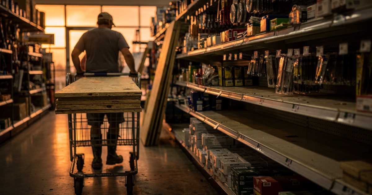 Low-angle wide shot down a hardware store aisle in Pensacola in hot orange evening light flooding through the front windows, a shopper in rubber boots seen.