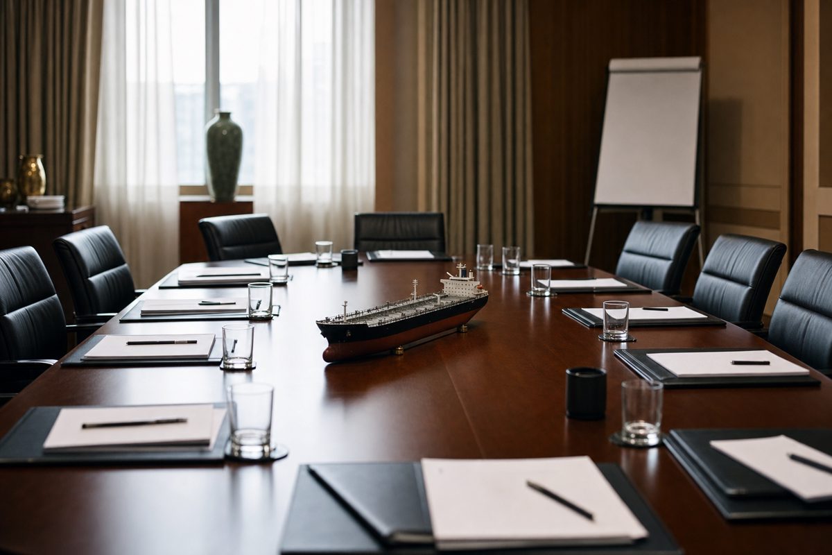 Interior news photograph of an austere diplomatic conference room with empty chairs, folders, water glasses and a small model cargo tanker centred on the.