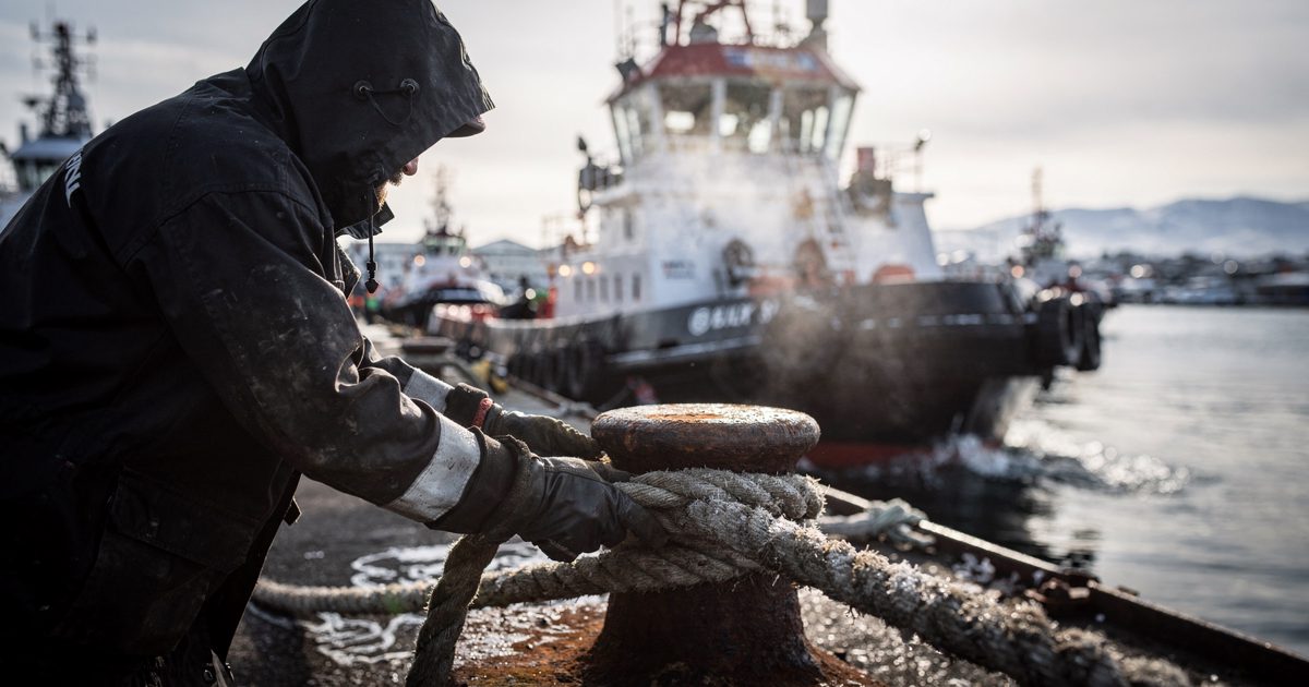 Hard low winter sunlight on a working harbour in Reykjavik as a crew member in a hooded oilskin, face lost inside the hood, lashes a heavy hawser around an.