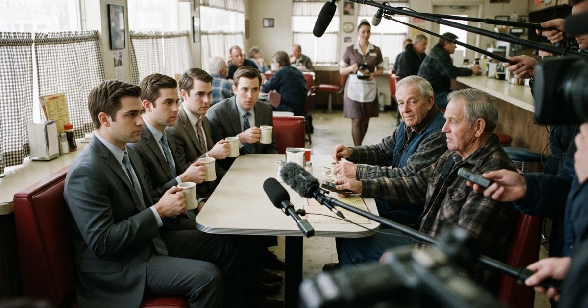 A brightly lit Midwestern diner with a worn linoleum floor. A group of men in sharp, ill-fitting suits are sitting awkwardly in a red vinyl booth across from.