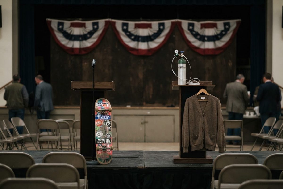 A local community center stage draped with mildly sagging patriotic bunting. Two podiums stand empty. On the left podium rests a skateboard covered in colorful.