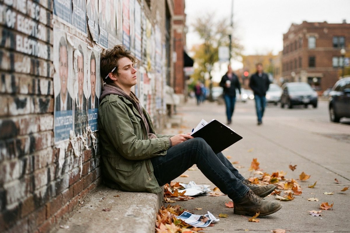 A young campaign volunteer looking utterly exhausted, slumped against a brick wall plastered with overlapping, peeling political posters. They are holding a.