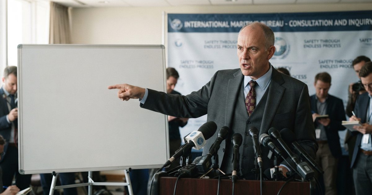 A serious-looking government official in a suit standing at a wooden podium covered in microphones, pointing earnestly at a blank whiteboard. A generic.