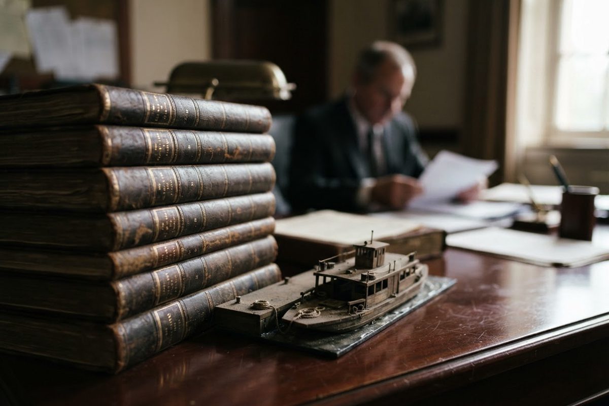 A stack of incredibly thick, dusty bureaucratic reports bound in leather, resting on a polished mahogany desk next to a scale model of a small wooden ferry.