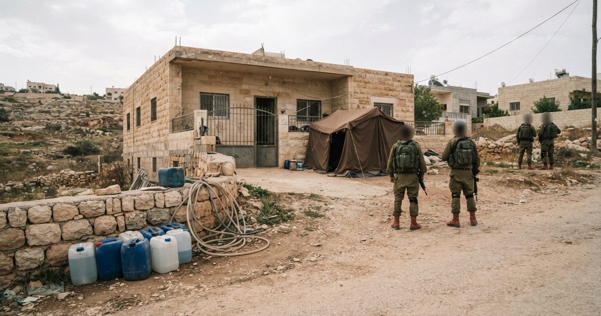 Documentary news photograph of a stone house in a hilly West Bank village, viewed from a public road, with a small tent nearby, dry water containers by a wall.