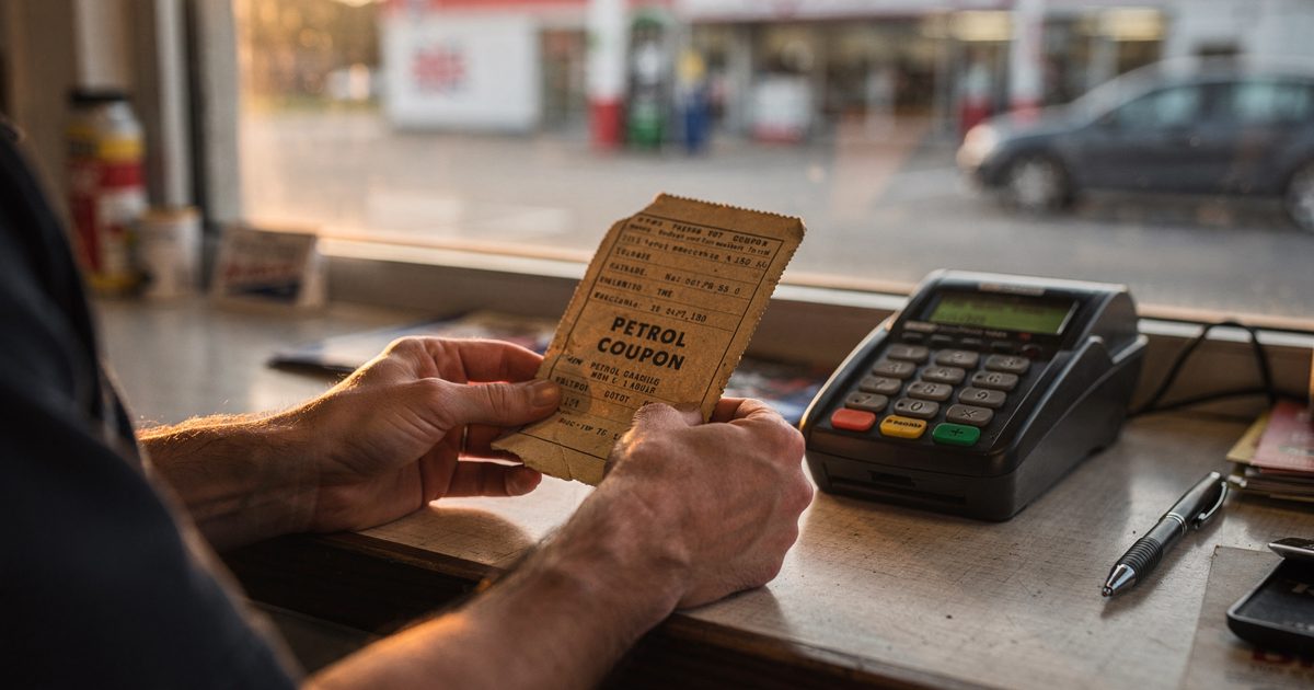Close detail in warm early-morning sun through a petrol station kiosk window, a cashier's hands tearing a page along the perforation from a brown ration book.