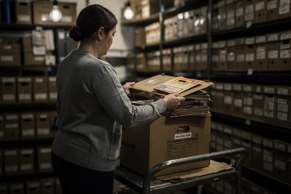 Medium shot under bare bulbs in a government records store, an archivist seen from behind in a grey cardigan lifting the lid of a stencilled cardboard box on a.