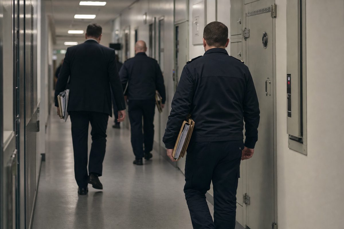 A realistic press photograph of security officials seen from behind walking through a plain government corridor carrying folders, controlled access doors and.