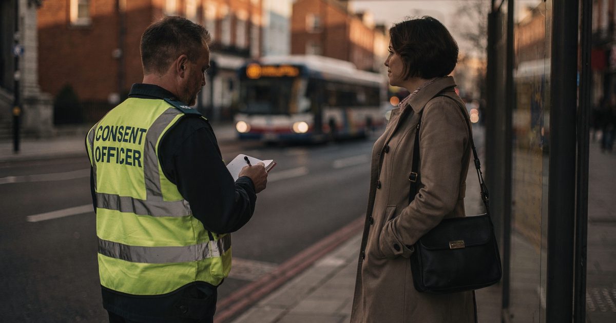 Low golden early-morning light on a Dublin city bus stop, a man in a high-visibility vest reading "CONSENT OFFICER" standing a polite few paces behind a.