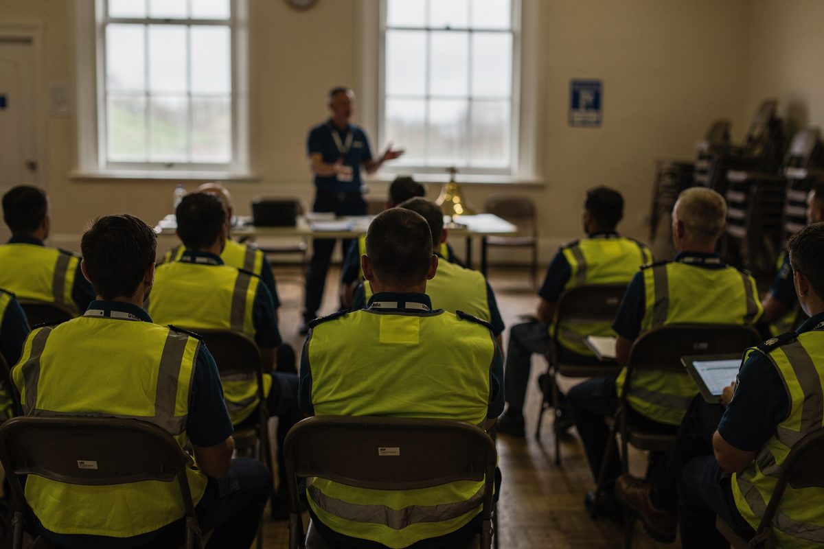 Mid-morning daylight through tall sash windows of a bare community hall, rows of new recruits in high-visibility vests facing away from camera toward a.