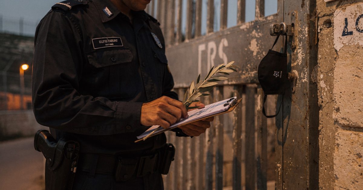 Medium shot at sodium-lit dusk outside a concrete police compound gate in the West Bank, an officer seen from the chest down fastening an olive branch to a.