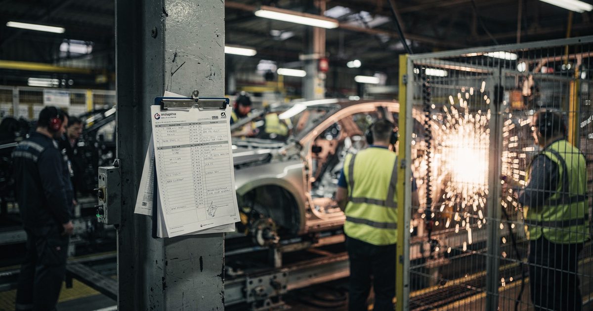Night shift changeover inside a Midlands car assembly plant, robot welding cell throwing light across the line while workers in ear defenders and hi-vis move.