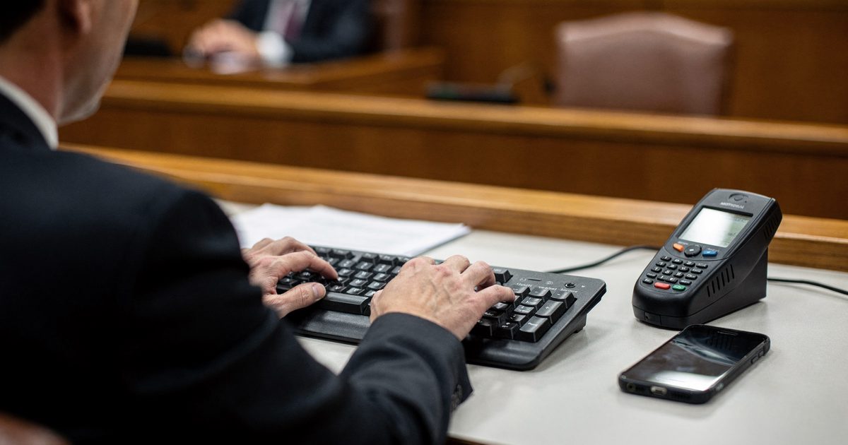 A close-up shot over the shoulder of a court clerk, hands resting on a stenographer keyboard, with a chunky black 1990s pager resting next to a modern.