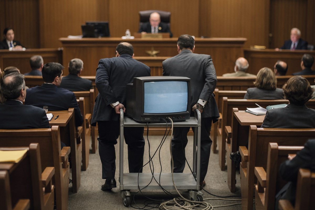 A wide shot from the back of a wood-paneled courtroom, showing lawyers wrestling a heavy, square cathode-ray tube television on a metal rolling cart down the.