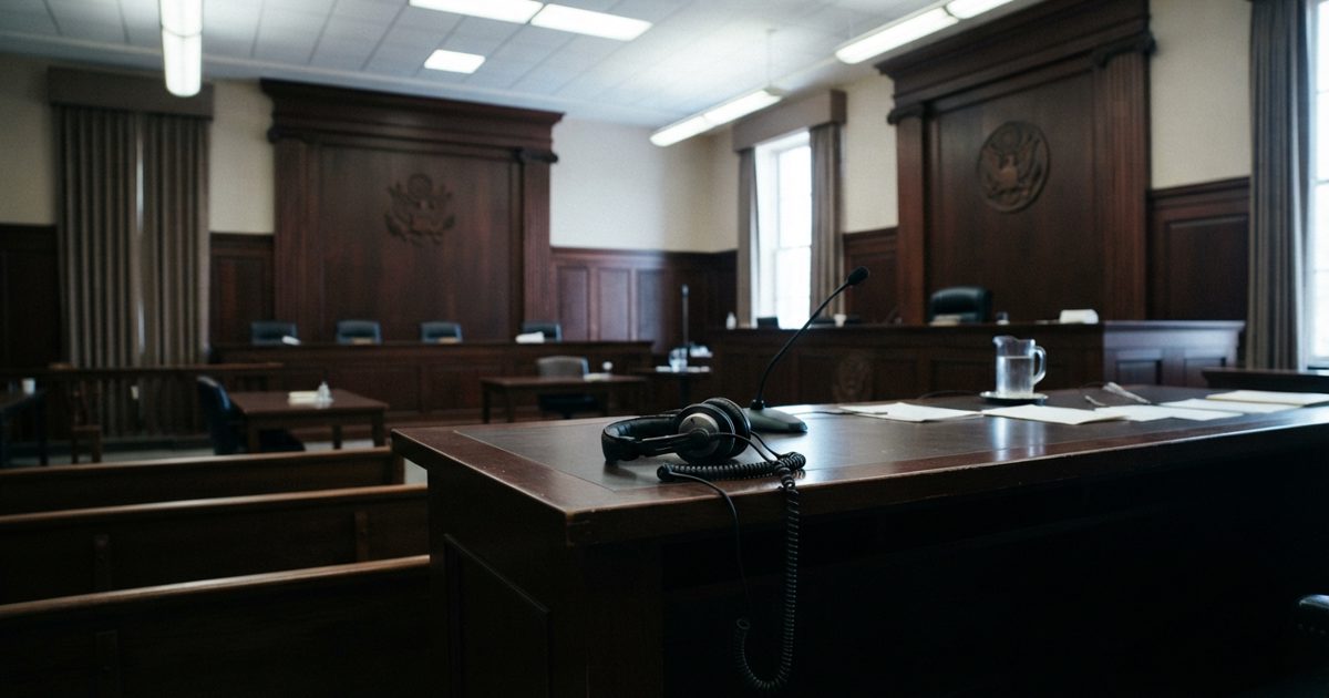 A wide shot of an emptied wood-panelled federal courtroom under harsh fluorescent light, a single black office headset coiled on the judge’s bench, no people.
