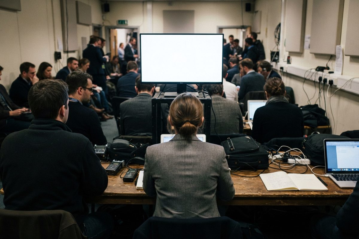 An overflow press room photographed from behind a row of journalists whose faces are turned away, all watching a blank glowing white monitor on a metal stand.