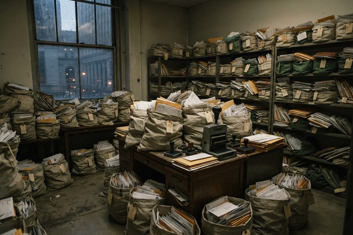 A courthouse mailroom at pale dawn: canvas sacks of unopened envelopes, a steel date-stamp machine, dust in light through a wire-glass window, no people.