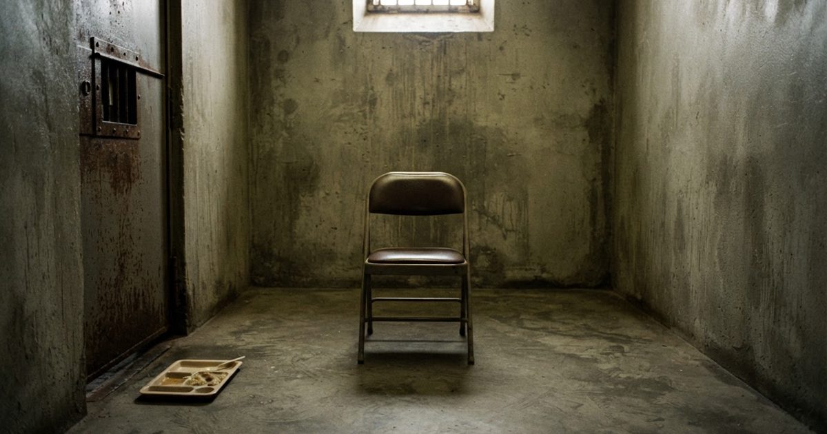 A bleak, dimly lit concrete prison cell featuring a single, standard metal and leather folding chair sitting squarely in the middle of the room. A plastic tray.
