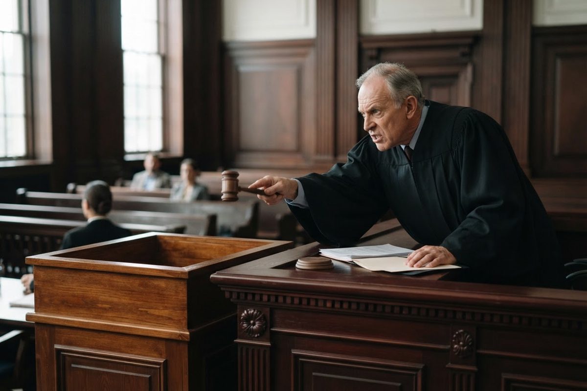 A grand, ornate courtroom with rows of wooden benches. A judge in heavy judicial robes is leaning over a high mahogany bench, aggressively pointing a wooden.