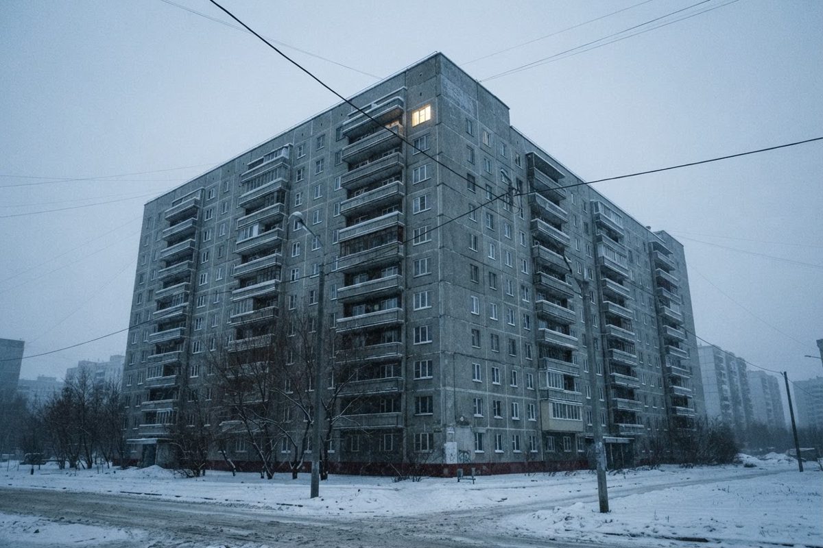 A brutalist, snow-covered apartment block in a gloomy Russian winter landscape, with a single window lit up on the top floor, projecting a sense of cold.