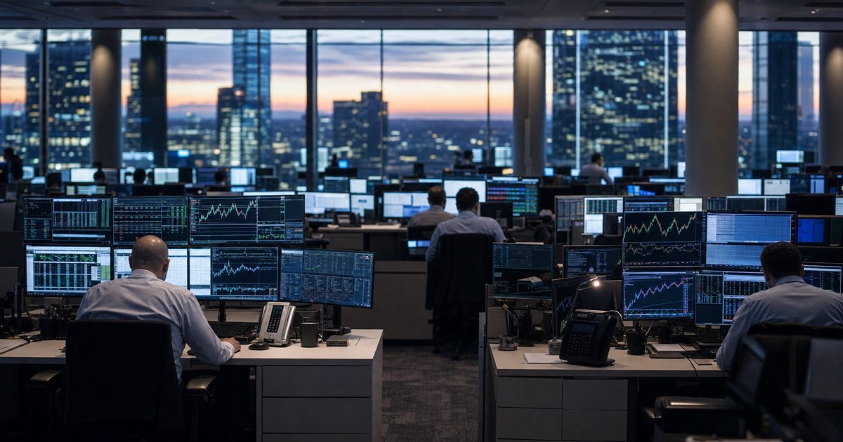 A wide editorial photograph of an anonymous financial trading floor at dusk, rows of glowing market monitors, empty desks and a few unrecognisable staff seen.