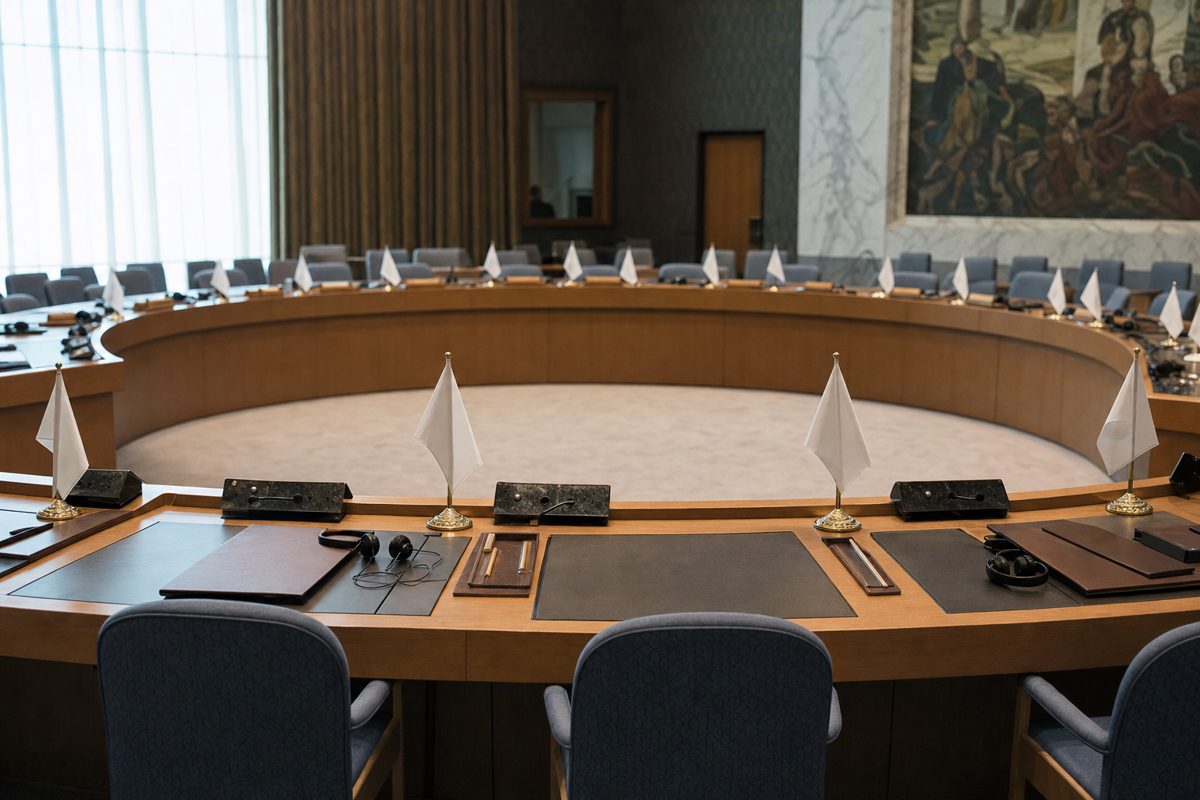 A documentary-style photograph of an international conference room prepared for emergency talks, small blank desk flags, translation headsets and folders.
