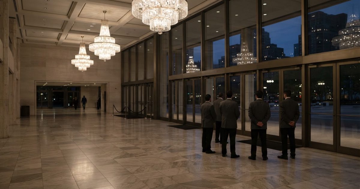 A dusk photograph of the marble foyer of a large American performing-arts center, chandeliers lit, a handful of ushers in dark jackets standing near glass.