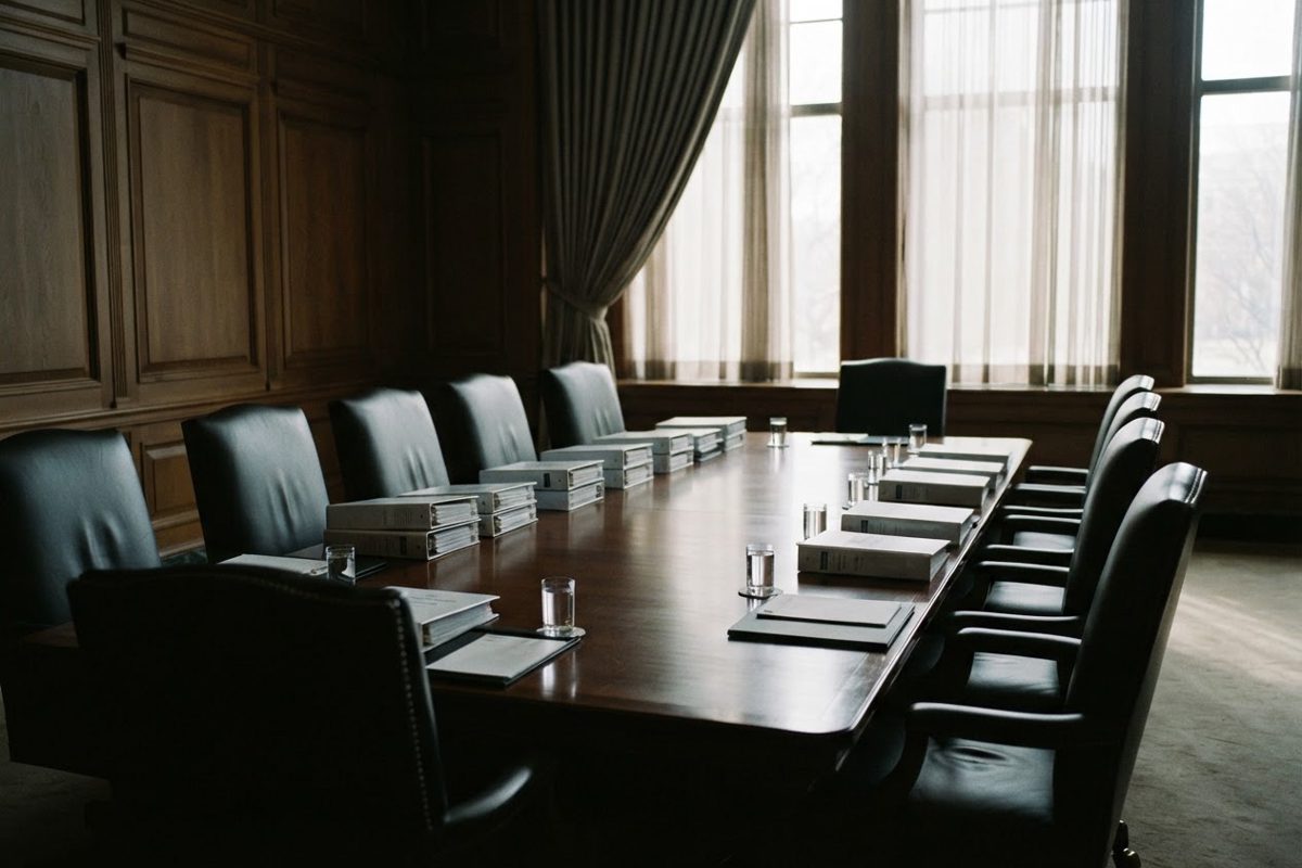 A wood-panelled boardroom photographed from the foot of a long table, stacks of identical white binders at each place setting, empty leather chairs, late.