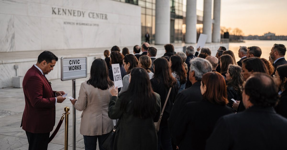 Wide shot in warm late-evening light on the Kennedy Center's marble river terrace, a large crowd seen from behind facing the building while an usher in a.