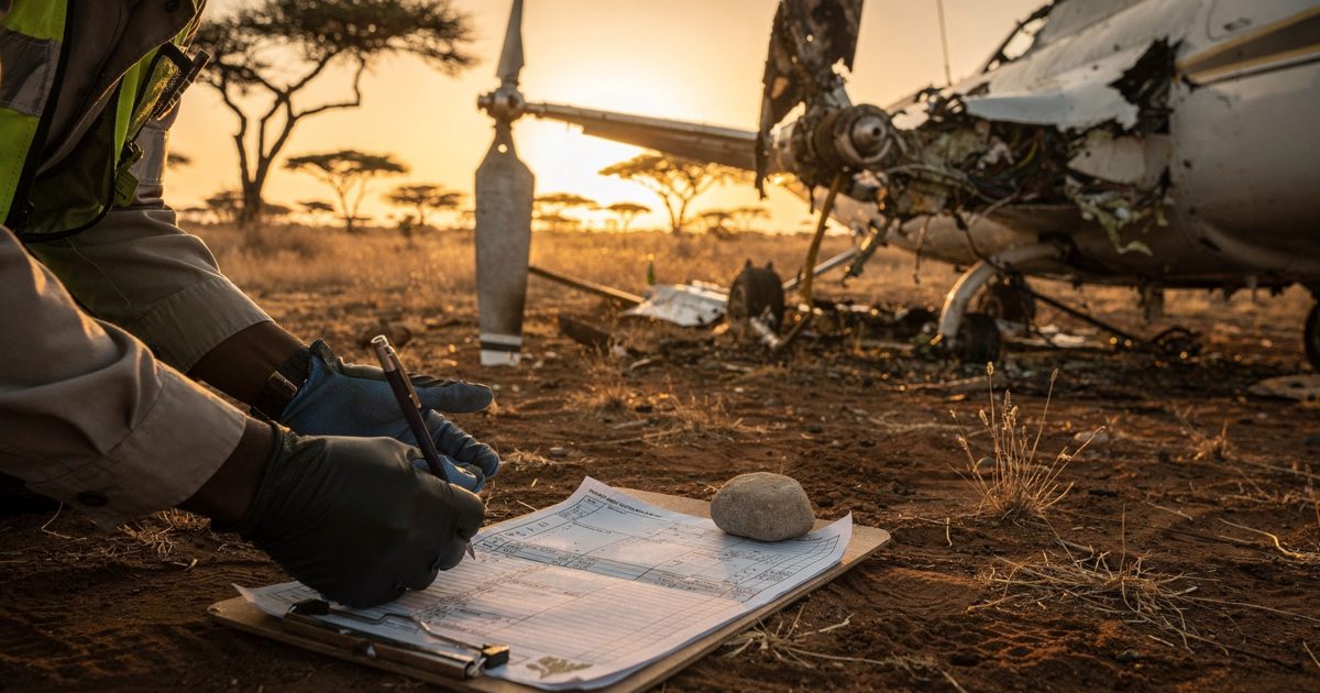 Warm late light on dry grassland in northern Kenya, cropped gloved hands lifting a twisted rotor section beside small-aircraft wreckage, a paper flight plan.