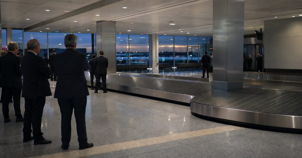 A documentary-style news photograph of a quiet international airport arrivals hall at dusk, with an empty baggage carousel, fluorescent lighting and several.