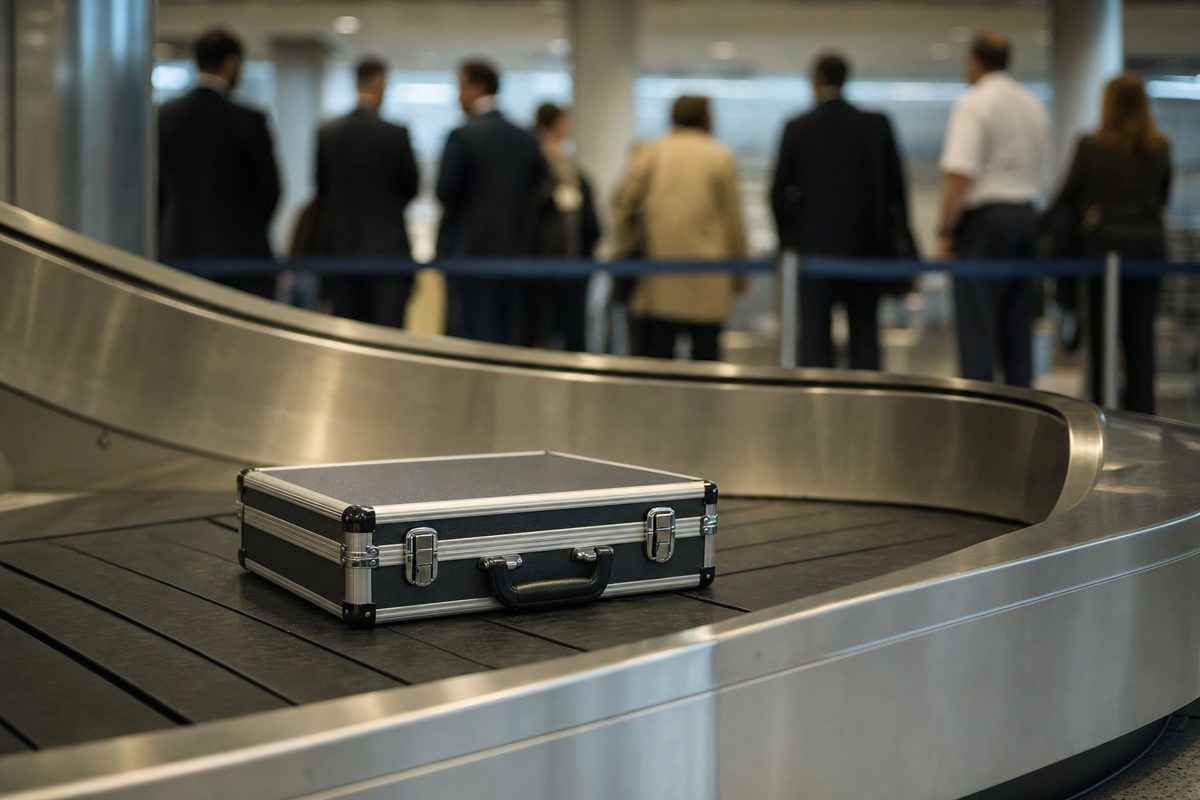 A close editorial photograph of a plain locked document case resting alone on an airport baggage carousel, with blurred anonymous officials waiting in the.
