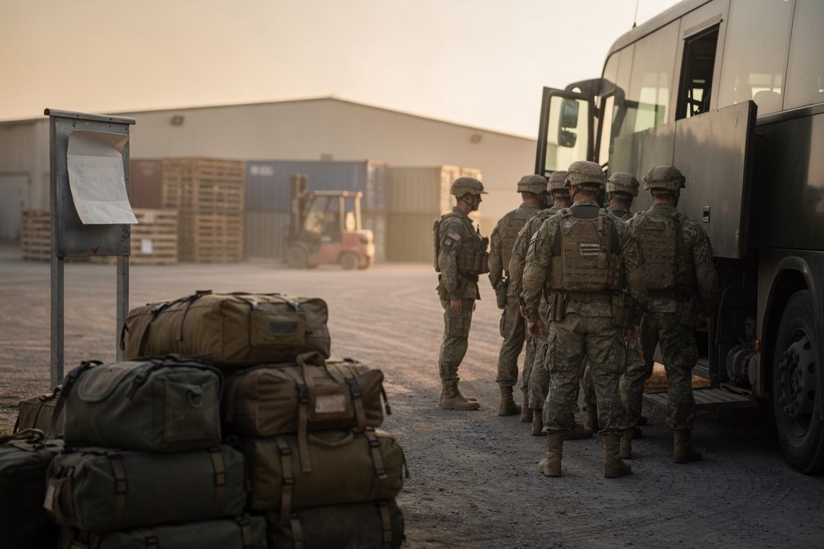 Wide view from behind a row of soldiers in fatigues boarding a coach at a dusty training ground at first light, kit bags stacked beside a folded exercise.