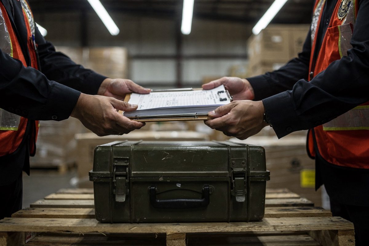 Tight detail of two officials' hands passing a clipboard across a warehouse pallet under fluorescent tubes at night, an unopened field telephone case resting.