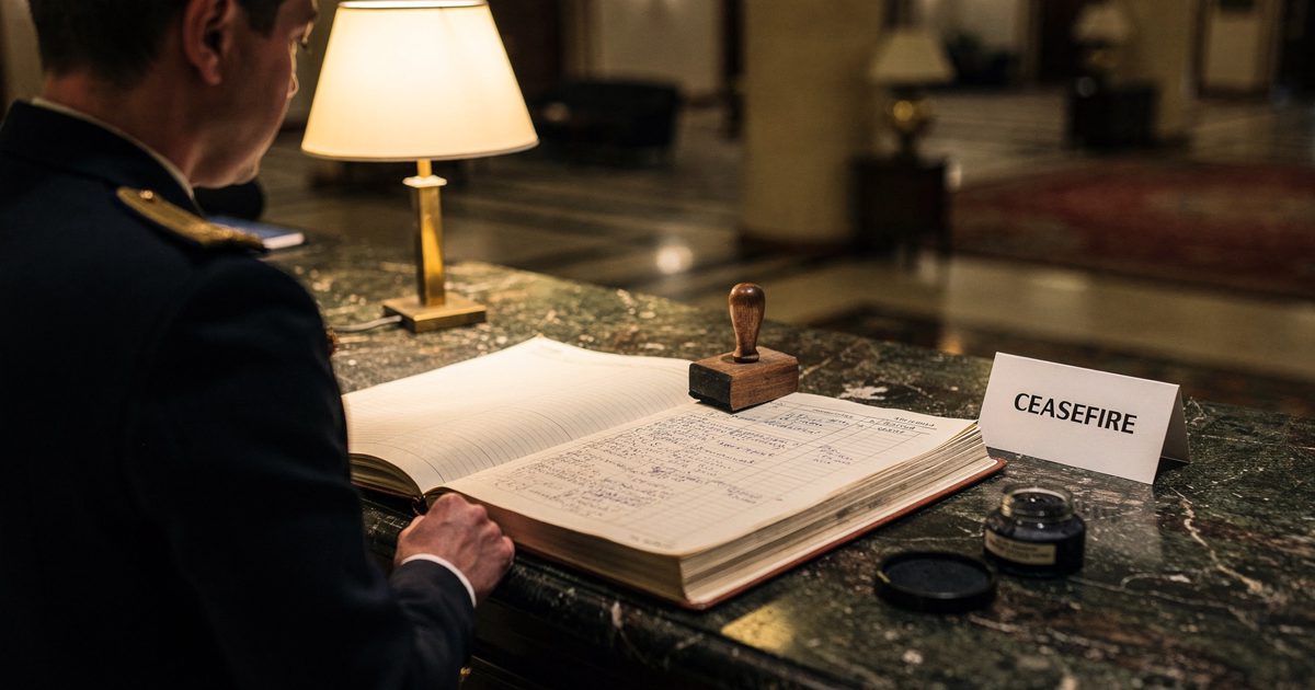 Overhead view past the shoulder of a uniformed hotel concierge at a marble front desk under warm lamplight late at night, an open guest ledger beside a wooden.