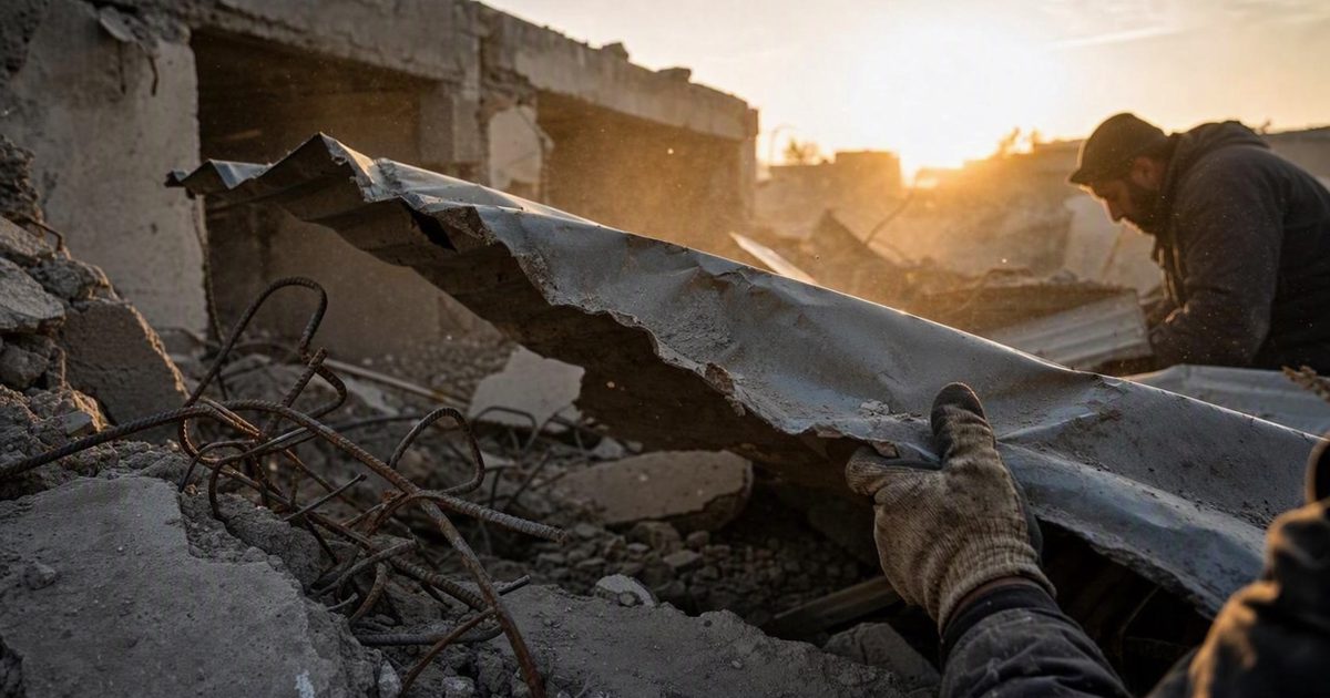 Close detail at first light of gloved hands lifting a buckled sheet of corrugated roofing from a collapsed concrete house, dust hanging in low golden sun, bent.