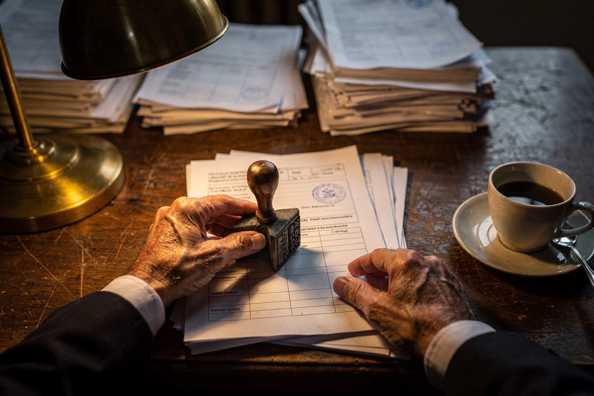 Tight overhead shot of an elderly official's hands at a scuffed wooden desk under a brass lamp, a rubber date stamp pressed onto a thin two-page document.