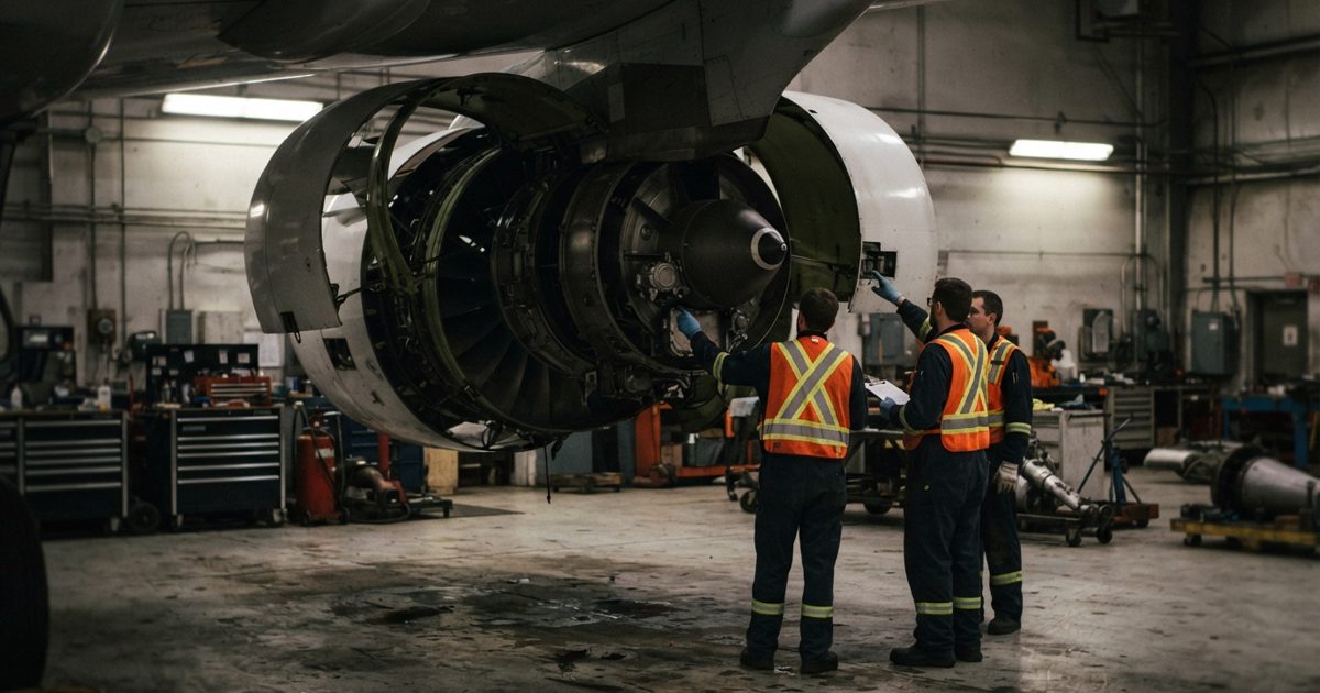 A jet engine cowling opened for inspection inside a dim maintenance hangar, fan blades visible, technicians in high-visibility vests standing back with.