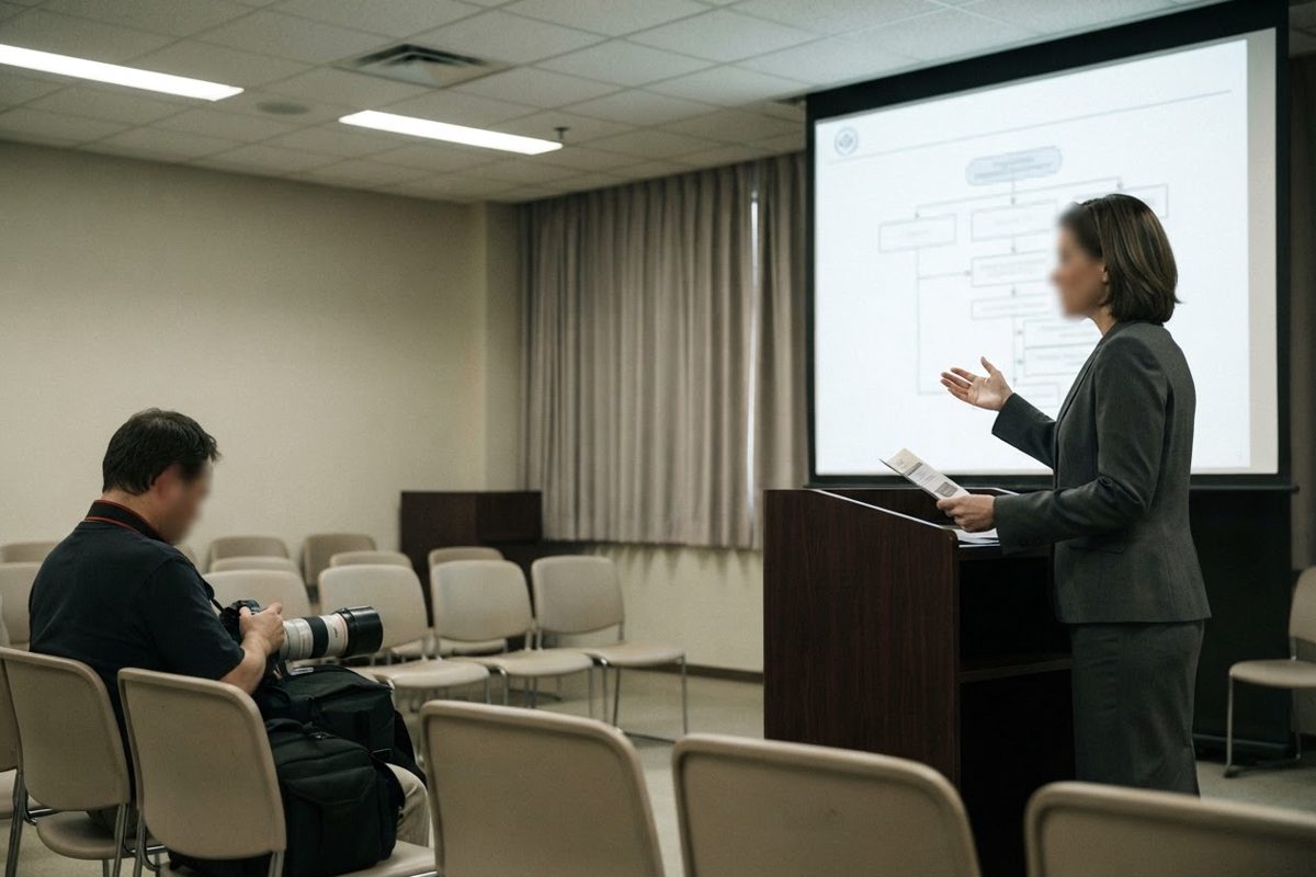 A sparsely attended press briefing in a plain institutional conference room, a woman in a grey suit at a lectern gesturing toward a mostly blank projected.
