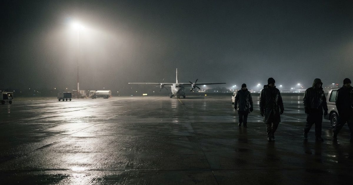 A wide shot of an empty, rain-slicked airport tarmac at night, illuminated by the harsh, cinematic glare of a single floodlight pointing toward a generic grey.