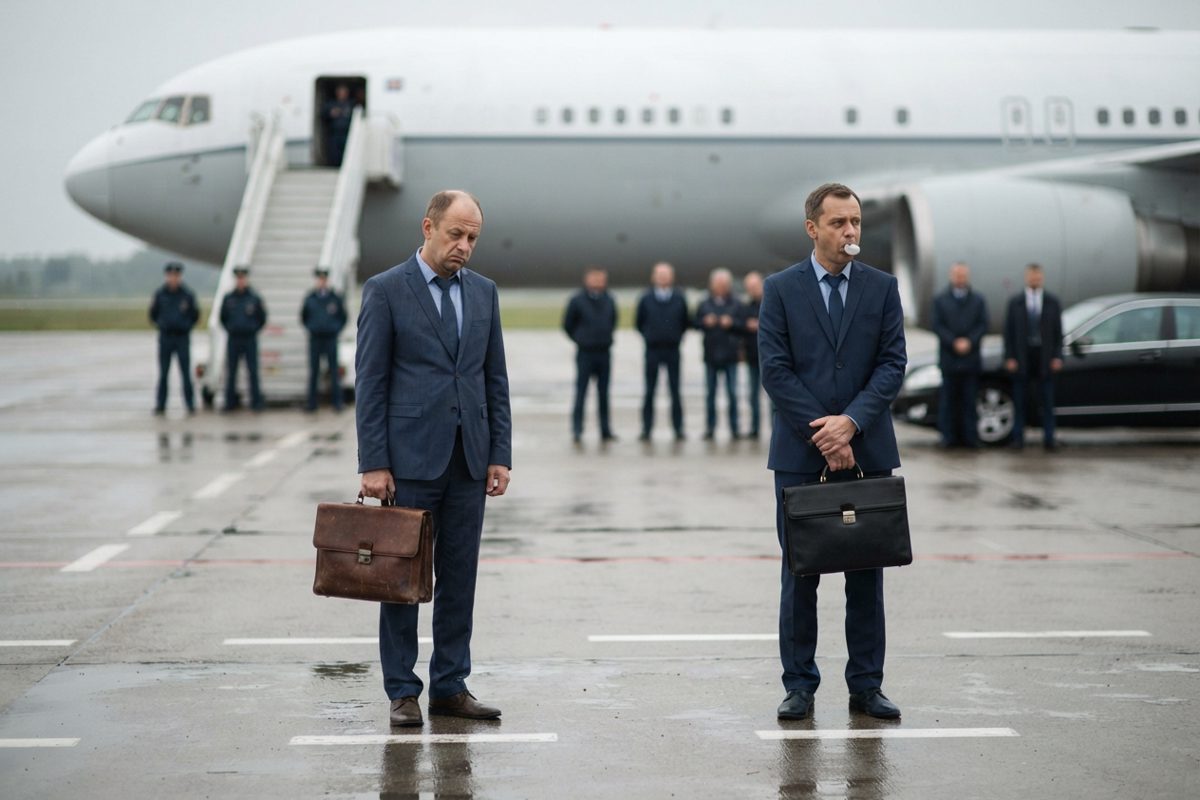 Two men in identical, slightly ill-fitting navy blue suits standing exactly five feet apart on an overcast runway, looking incredibly bored while holding.