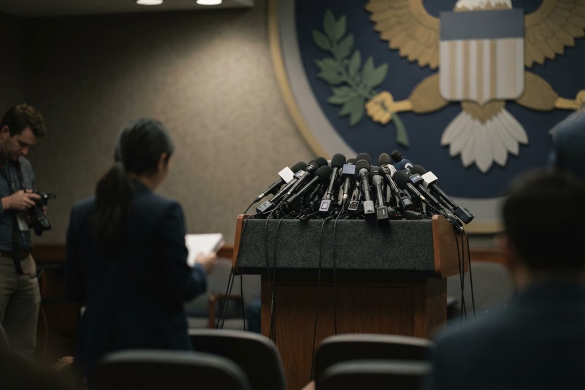 A wooden podium in a stark, dimly lit press briefing room, covered in dozens of microphones, with a large, generic government seal in the background and an.
