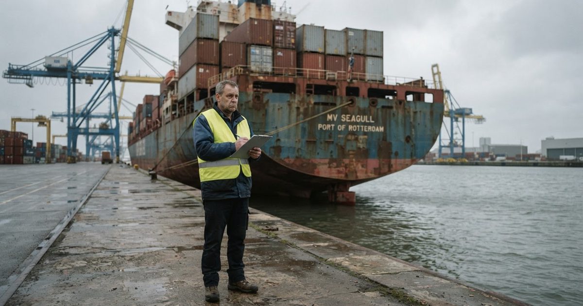 A bored-looking port official in a high-visibility yellow vest standing on a grey concrete dock, holding a clipboard and staring blankly at a massive, rusty.
