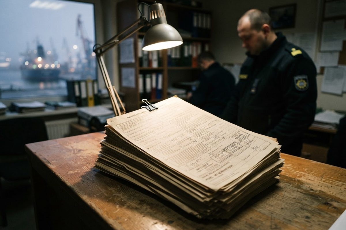 A close-up of a stack of exceptionally dull, beige customs declaration forms sitting on a wooden desk, illuminated by a harsh desk lamp, symbolising the.