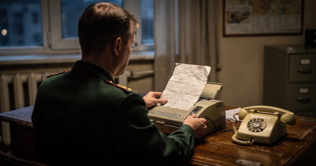 Cold pre-dawn light through a tall window in a Moscow government office as a uniformed aide, seen from behind, feeds a single deeply creased sheet into a beige.