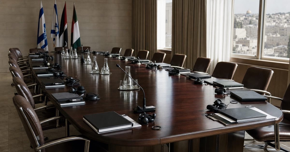Wide editorial news photograph of an empty international conference room in Jerusalem, long polished table set with folders, translation headsets and water.